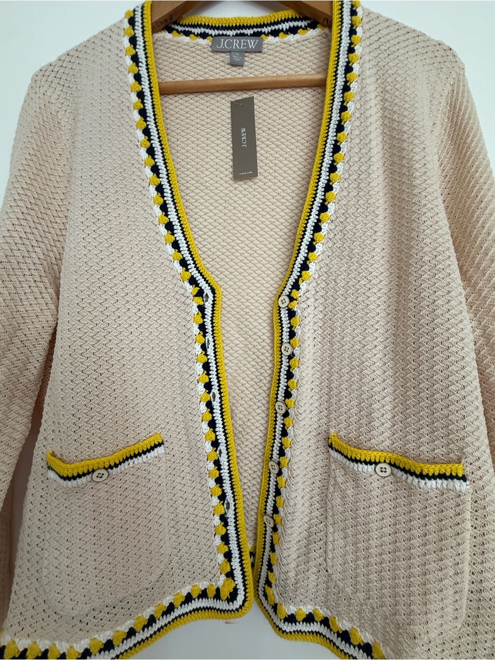 J. Crew Cream Cardigan with Yellow & Navy Trim NWT